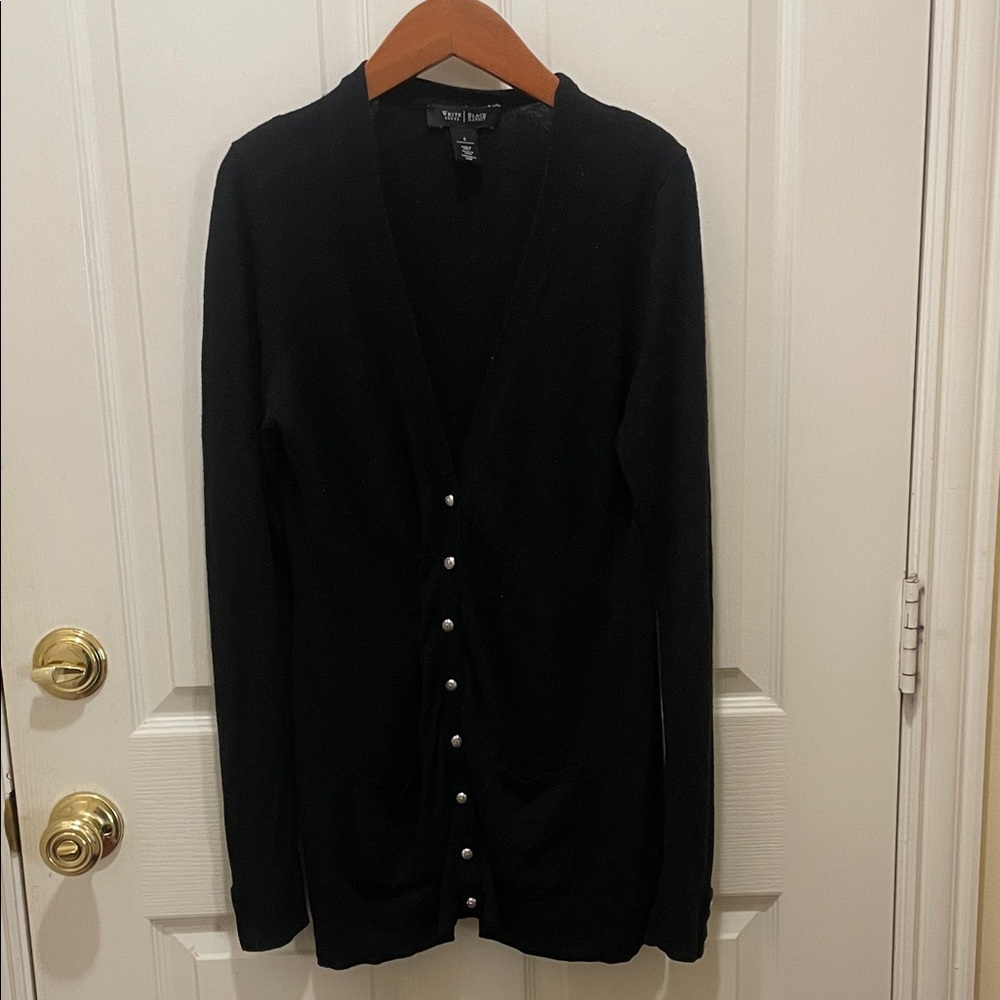 White House Black Market Black Cardigan with Silver Button Accents